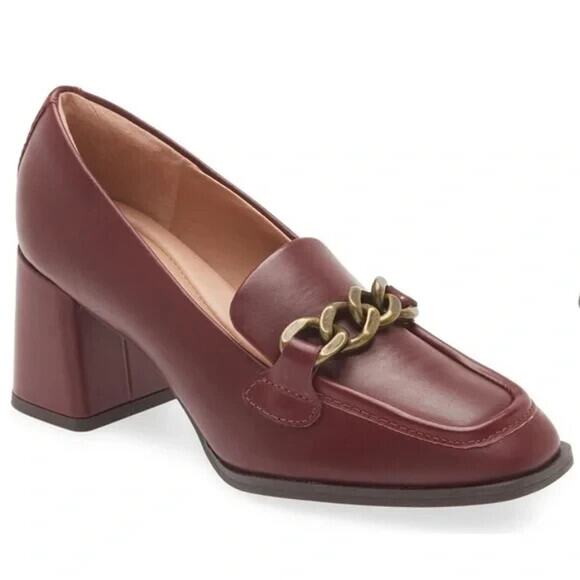 Nordstrom's Bernice Block Heels Chain Detail Leather Loafers Burgundy Leather 6 - Picture 1 of 11